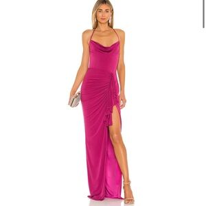 REVOLVE X Katie May So Juicy Ruched Cowl Neck Open Back Maxi Dress Gown Pink